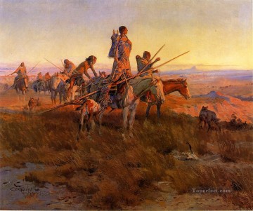 チャールズ・マリオン・ラッセル Painting - バッファロー・ハンターズ・インディアンズ西部アメリカ人のチャールズ・マリオン・ラッセルのその後